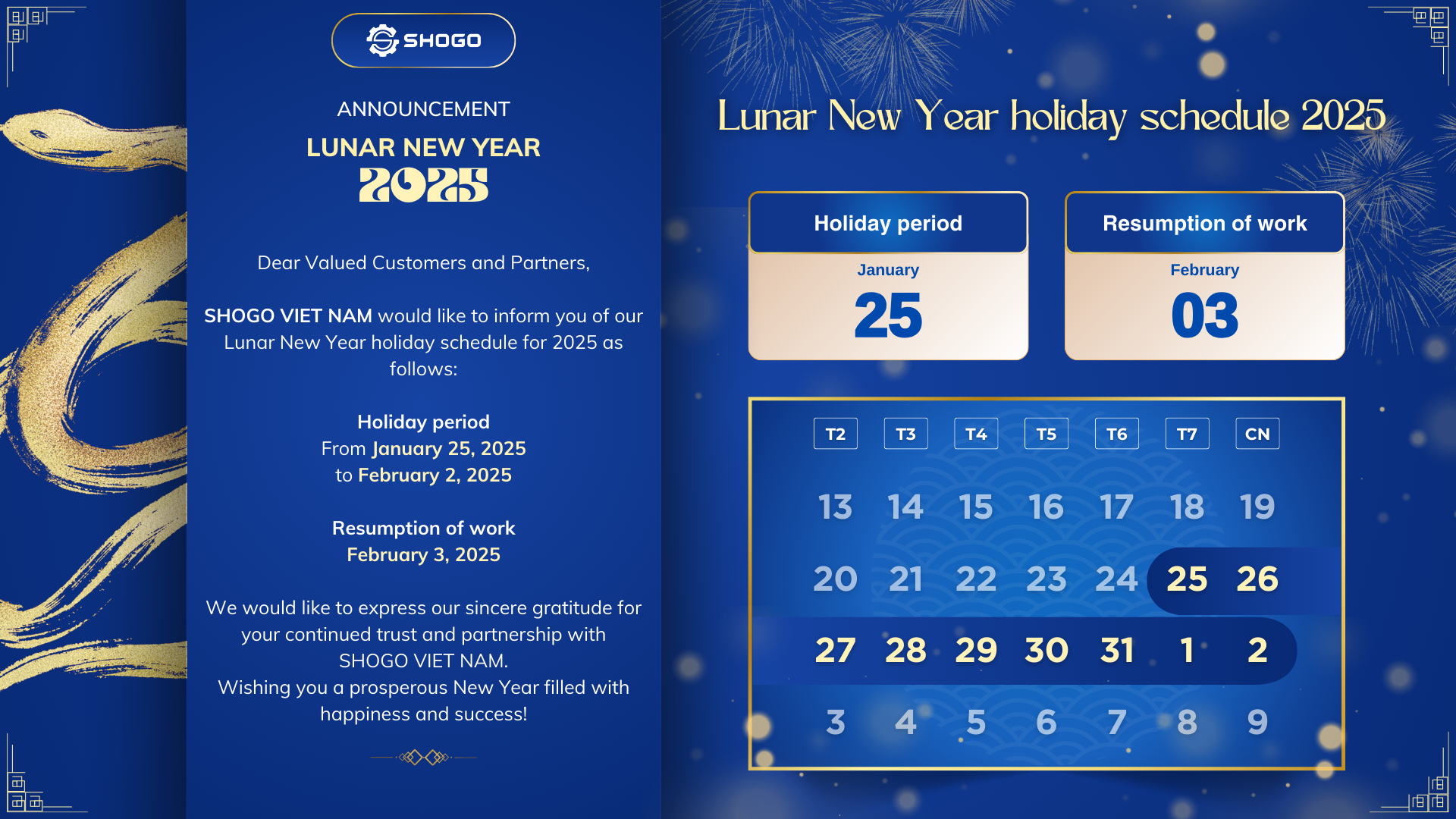 Lunar New Year holiday schedule 2025